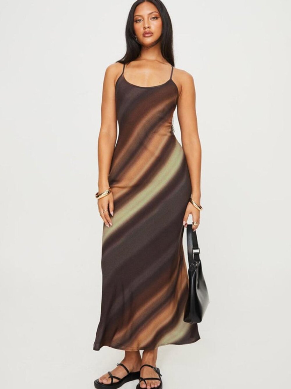 Princess Polly Brown Stripe Otillie Maxi Halter Dress Size 6